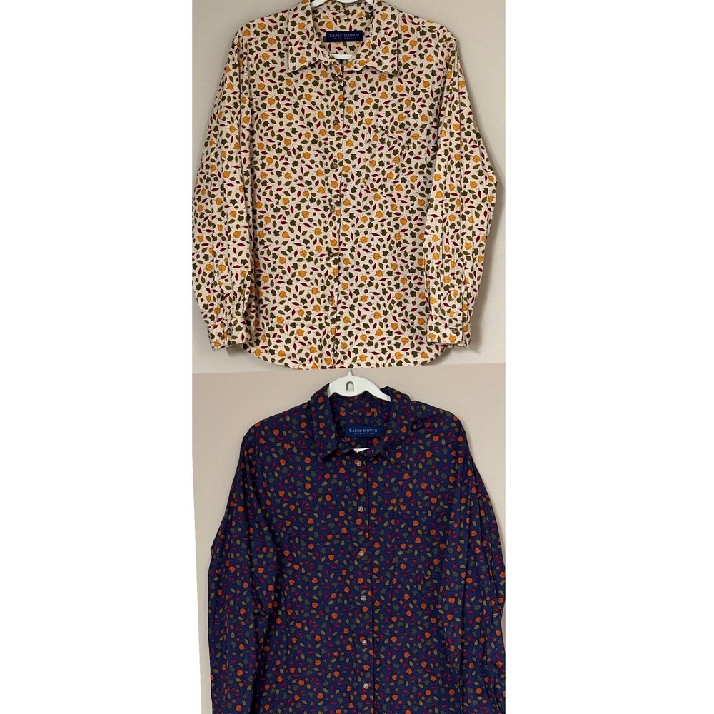 Karen Scott II Womens 2X Cotton Fall Leaf Print Button Down Shirt Set of 2 Navy